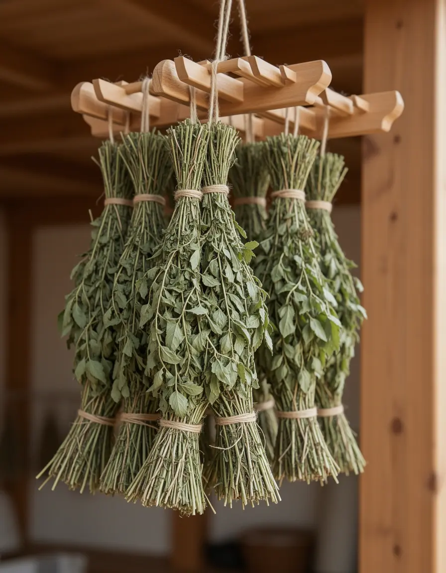 Kräutertrockner aus Holz mit hängenden Kräuterbündeln