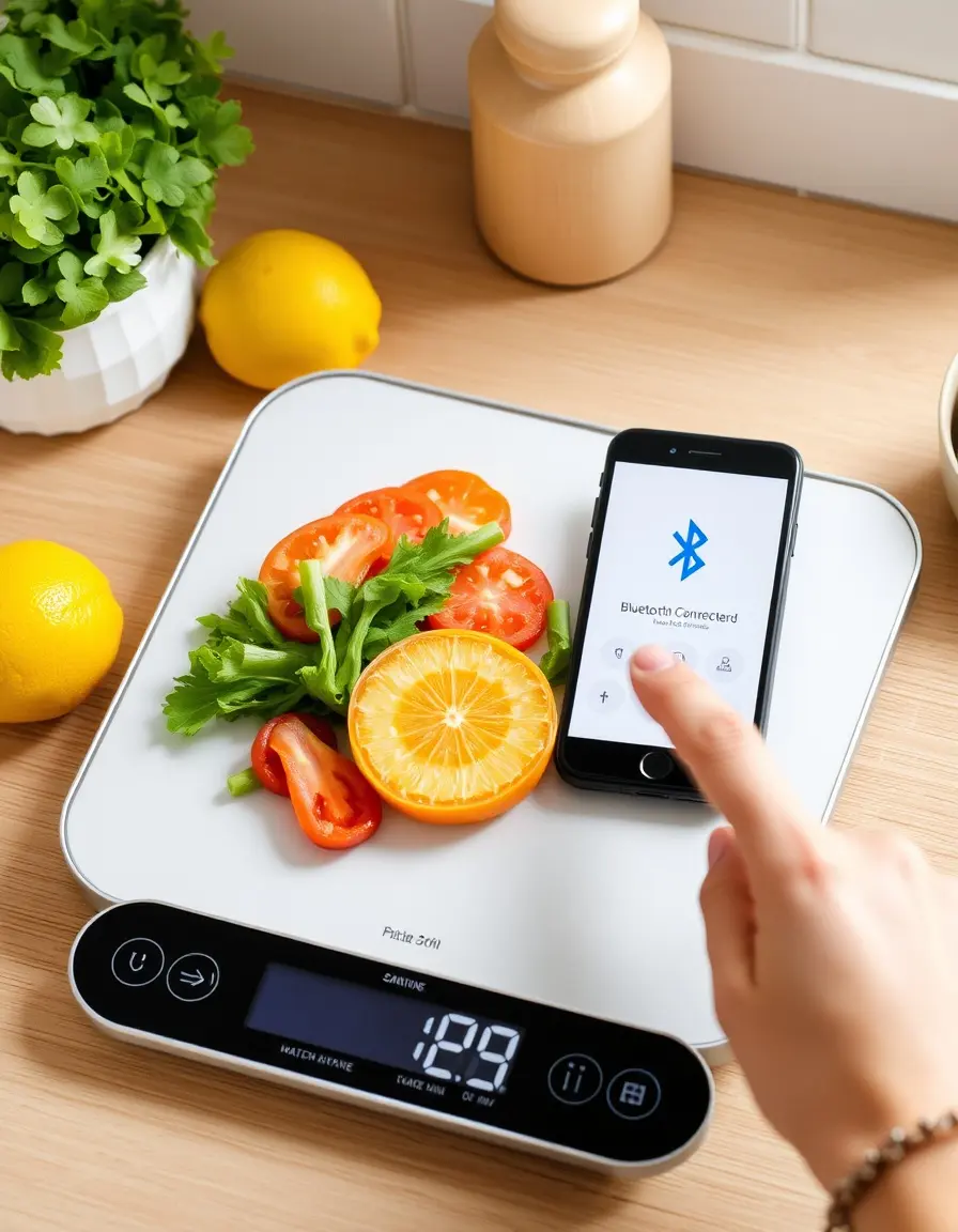 Smarte digitale Küchenwaage mit Bluetooth-Verbindung zu einer Smartphone-App