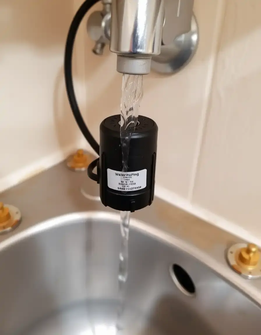 Kleine Wasserpumpe zur Drucksteigerung für Niederdruck Armatur Küche installiert