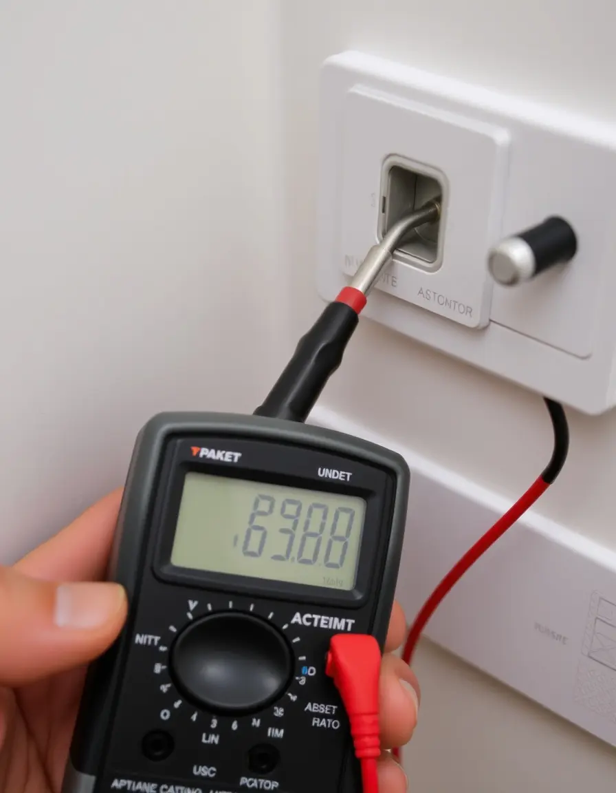 Digitales Multimeter misst die Spannung an einem Küchengerät für sicheren Betrieb