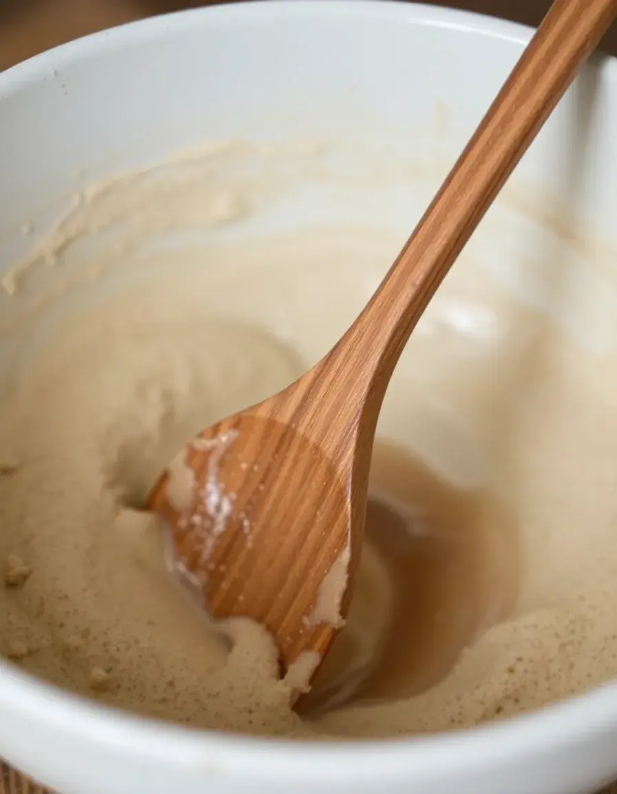 Robuster Holzlöffel zum Mischen von Teig in einer Schüssel
