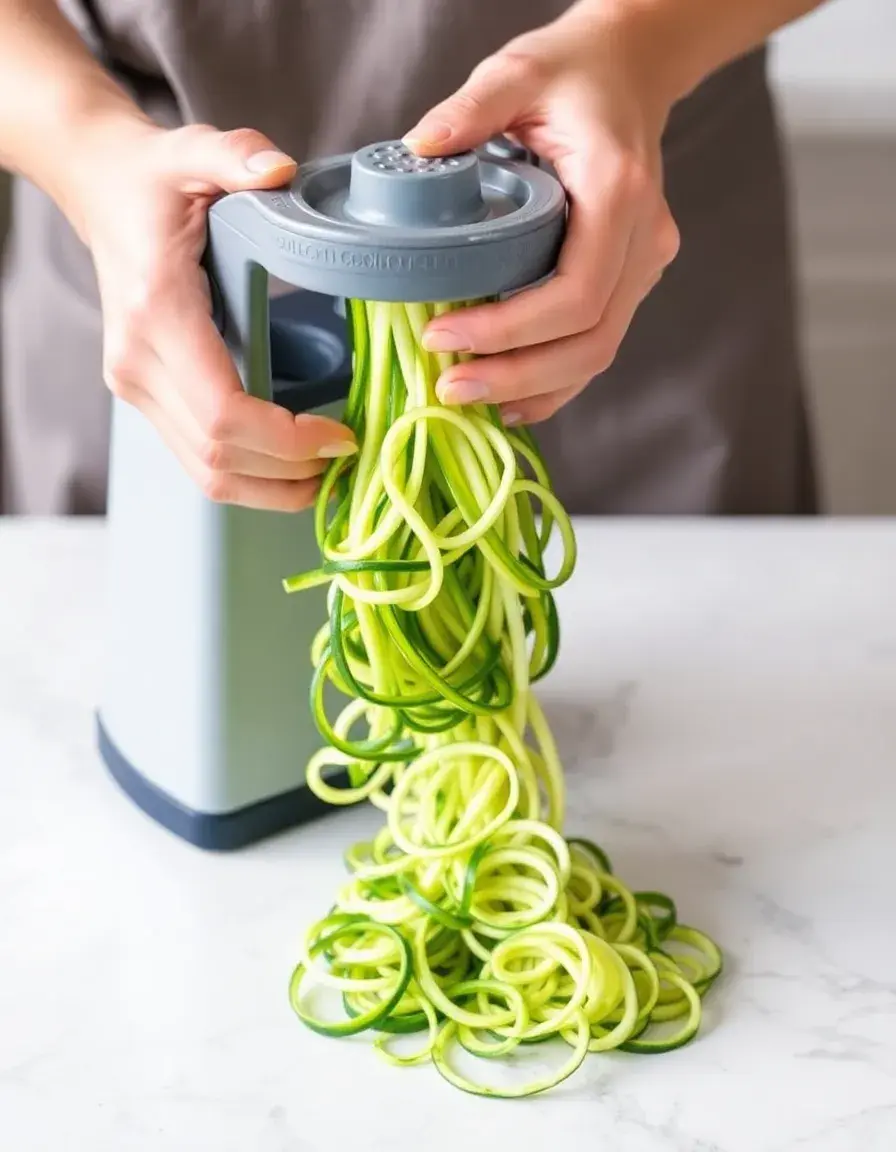 Handgehaltener Spiralschneider erzeugt grüne Zoodles aus einer Zucchini