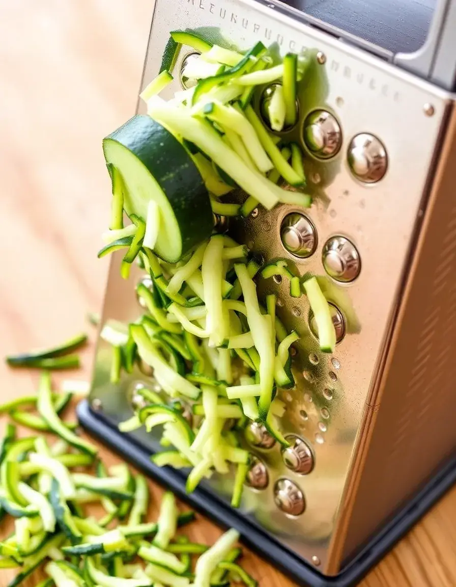 Vierkantreibe zerkleinert grüne Zucchini auf der groben Seite