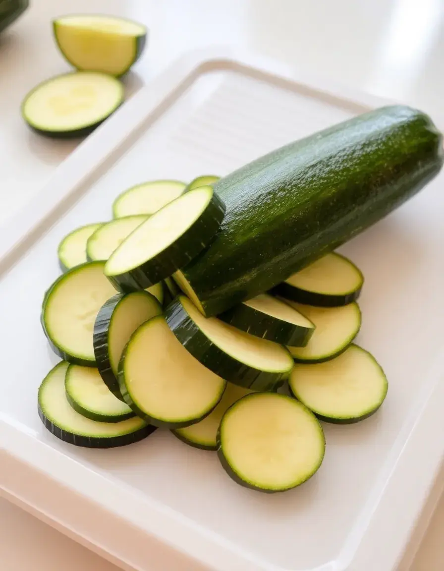 Mandoline schneidet hauchdünne Zucchini-Scheiben für dekorative Kuchenbeläge
