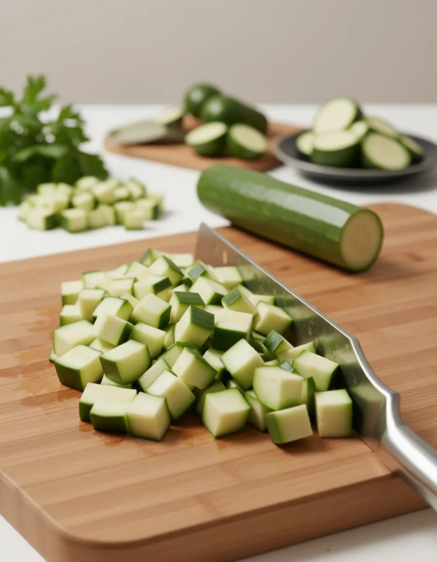 Gemüsehacker schneidet Zucchini in perfekte, gleichmäßige Würfel