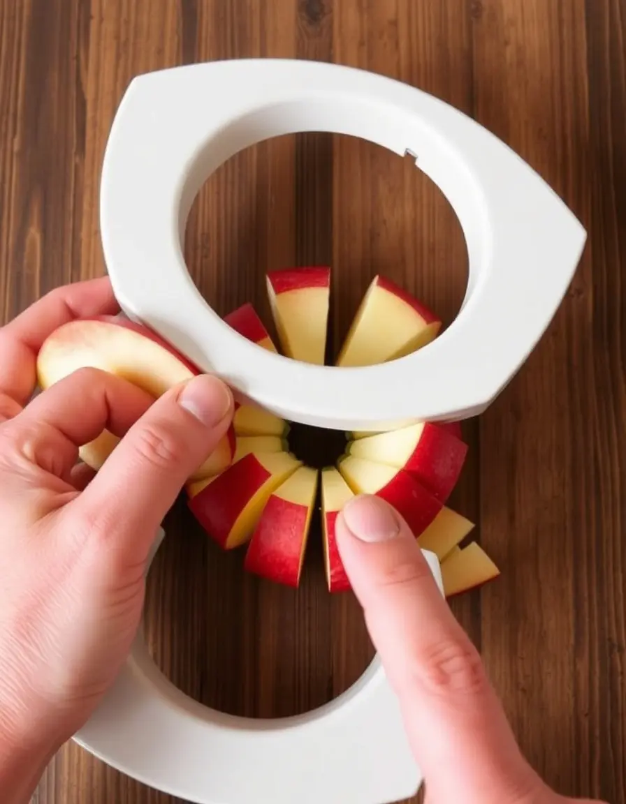 Image of apple corer and divider, 8 slices, pushing down