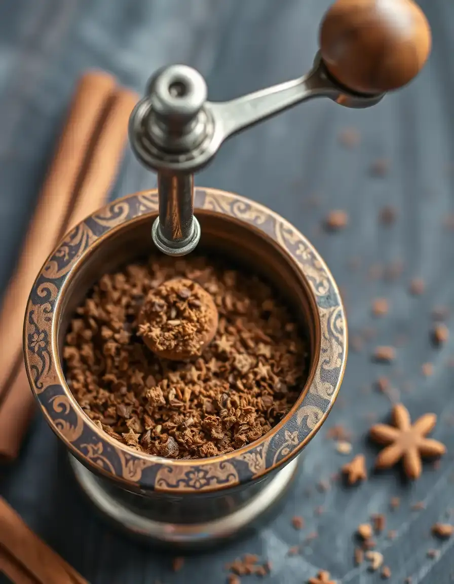 Detailed photo of spice mill for fresh cinnamon, grinding sticks