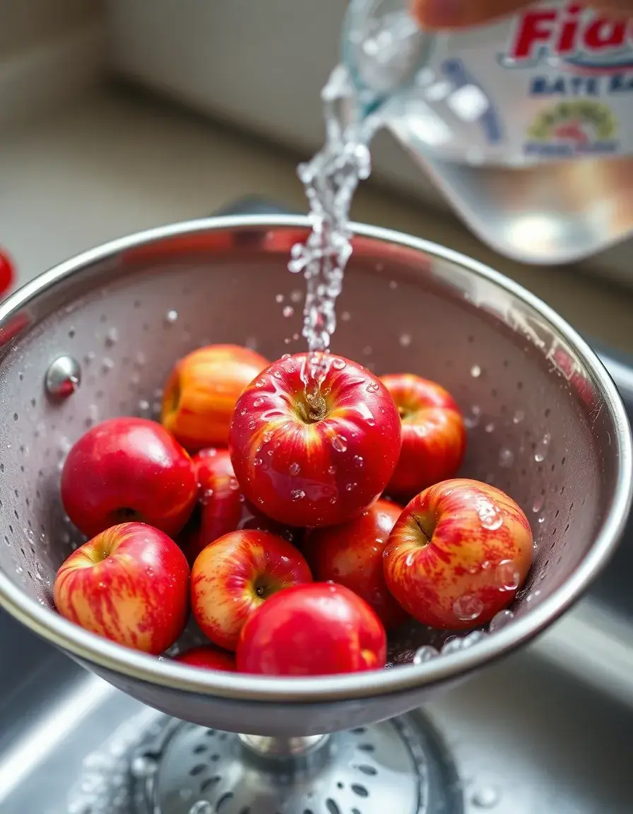 Vivid image of colander washer for apples, spraying water