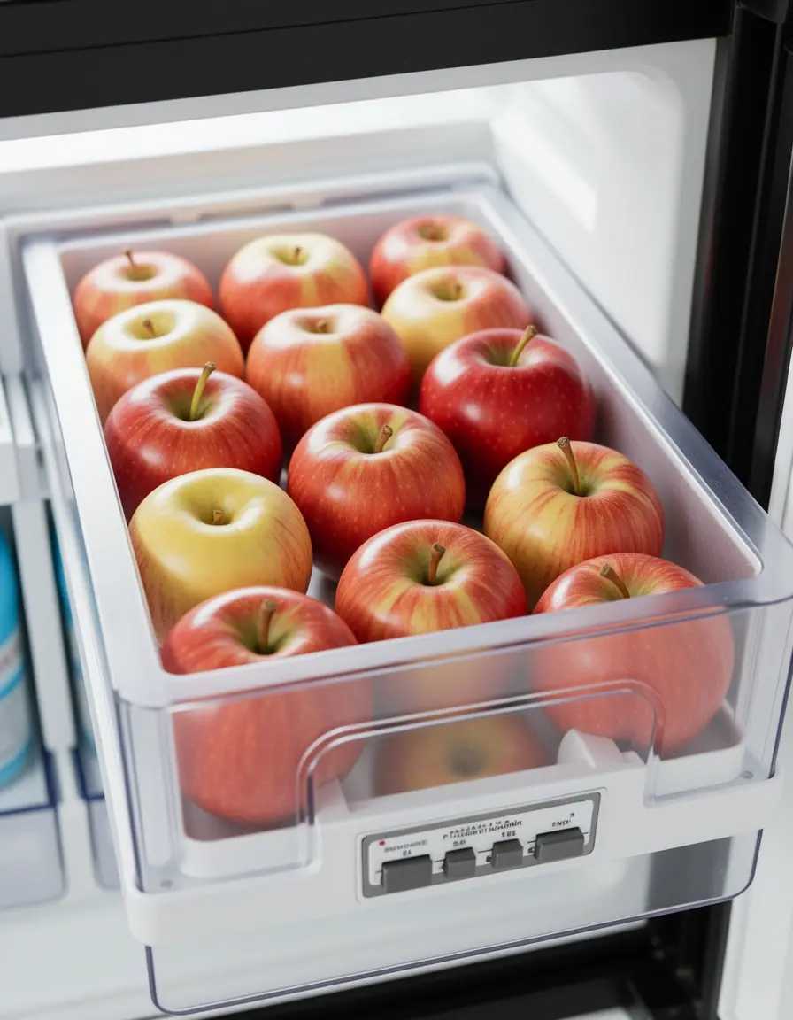Photo of fridge crisper drawer for apples, humidity control