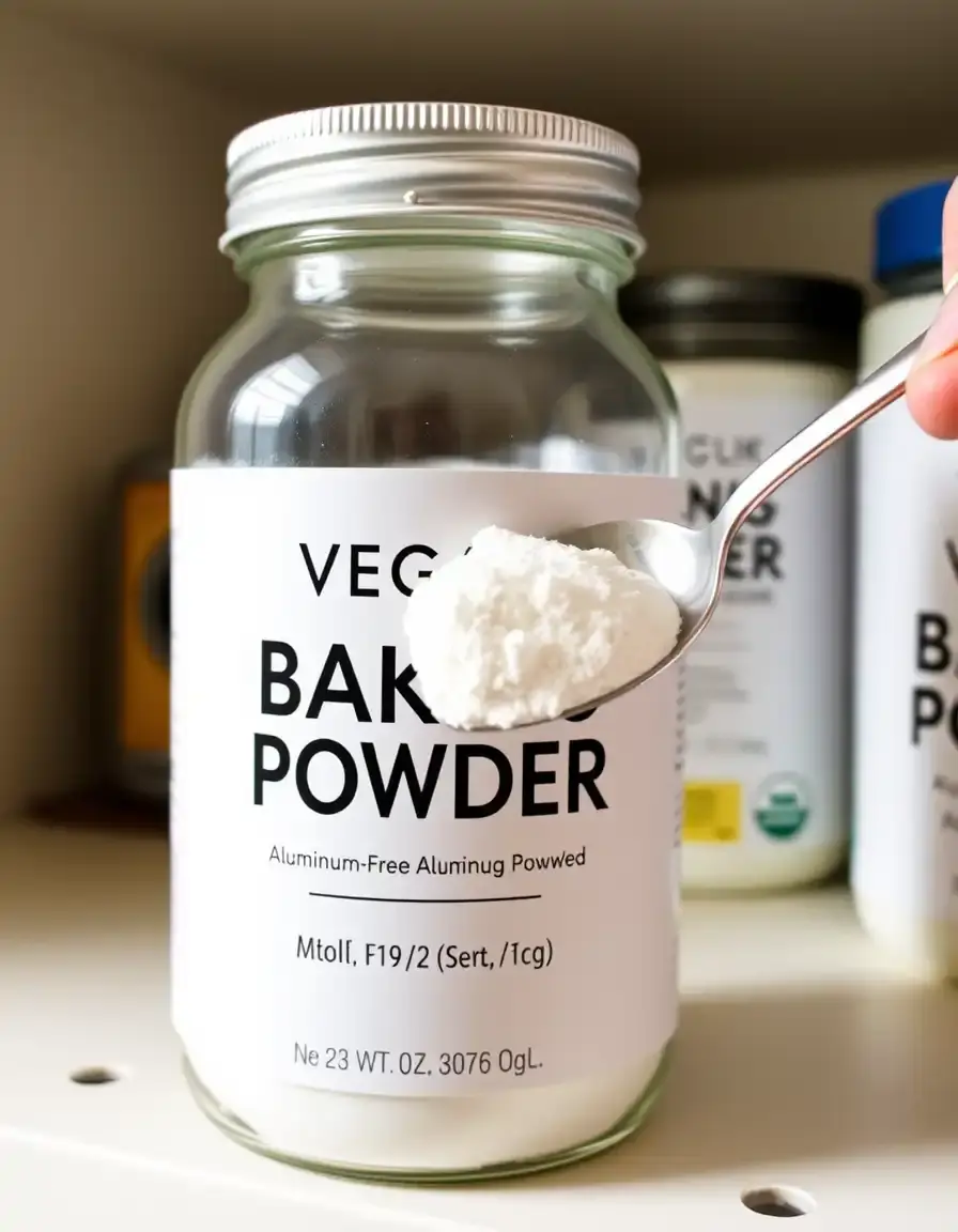 Veganes Backpulver in einem Glasbehälter mit weißem Etikett auf einem Küchenregal