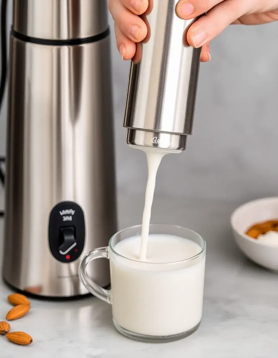 Elektrischer Milchaufschäumer für Pflanzenmilch schäumt Mandelmilch in einer Tasse auf