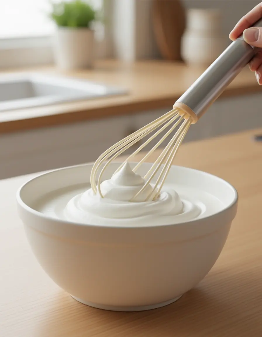 Silikon-Schneebesen schlägt Aquafaba zu einem festen Baiser in einer Schüssel auf