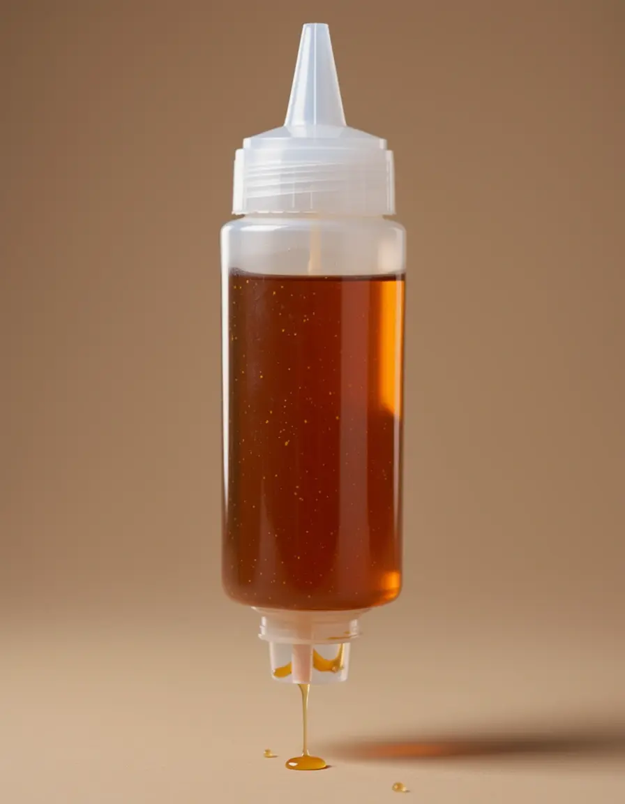 Flasche mit Dattelsirup, bernsteinfarbene Flüssigkeit tropft heraus