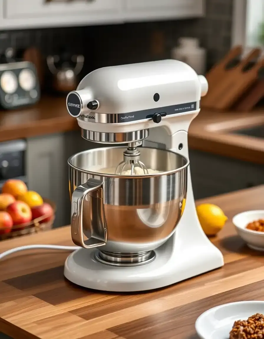 Sprachgesteuerte Küchenmaschine in einer modernen Küche für freihändiges Backen