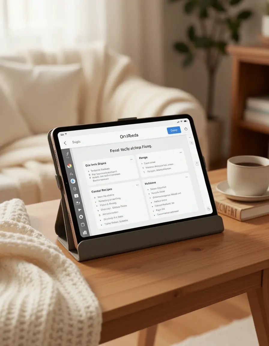 Tablet-Ständer mit digitalem Rezept in einer hellen Küche