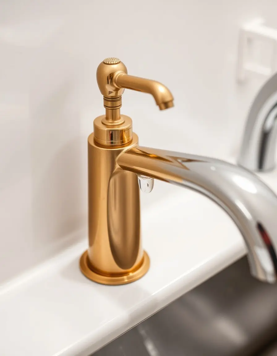 Eingebauter Seifenspender in Messing-Optik neben dem Wasserhahn Küche