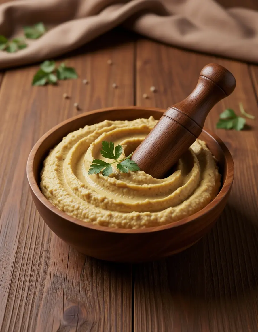 Holzschüssel für Hummus mit Stößel