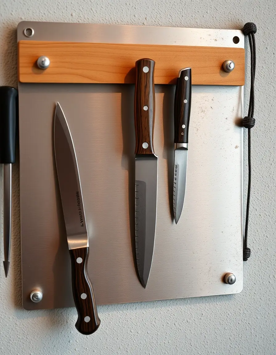 Magnetische Platte an der Küchenwand hält Messer und Utensilien