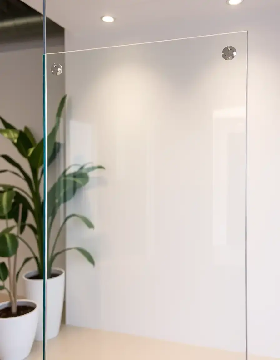 Transparente Glasplatte als Spritzschutz über einer gestrichenen Wand