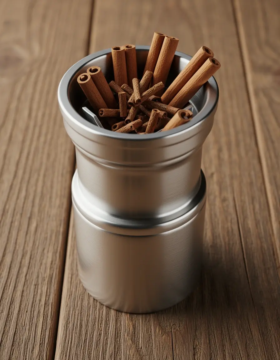 Spice Grinder mit Zimtstangen auf Holzoberfläche für Spekulatius Kuchen