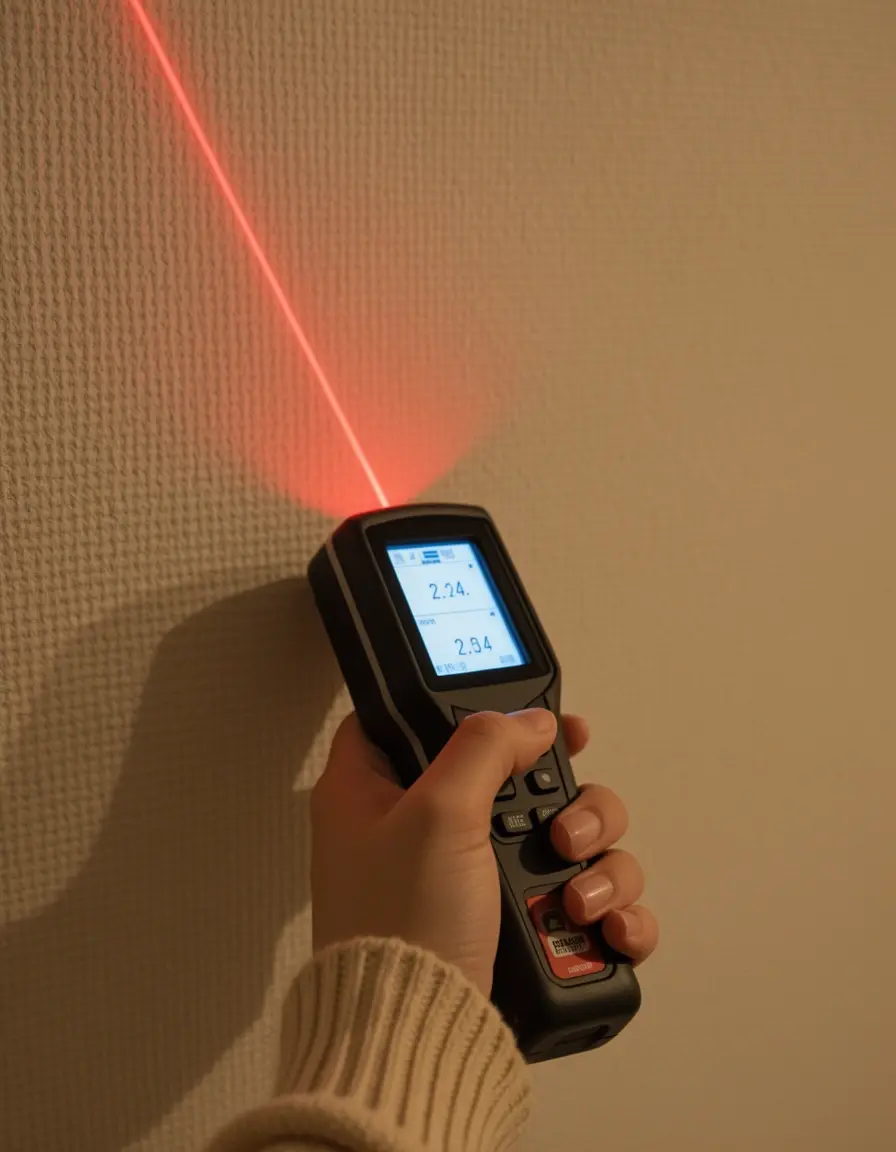 Laser-Entfernungsmesser misst eine Küchenwand präzise digital