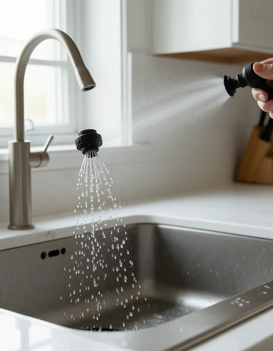 Schwarzer Brauseaufsatz für die Küchenarmatur sprüht Wasser