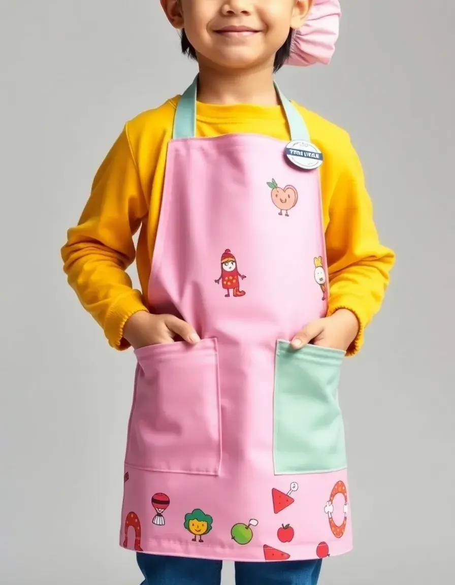 Kind in einer bunten Backschürze mit Kochmütze passend zum Backe backe kuchen text