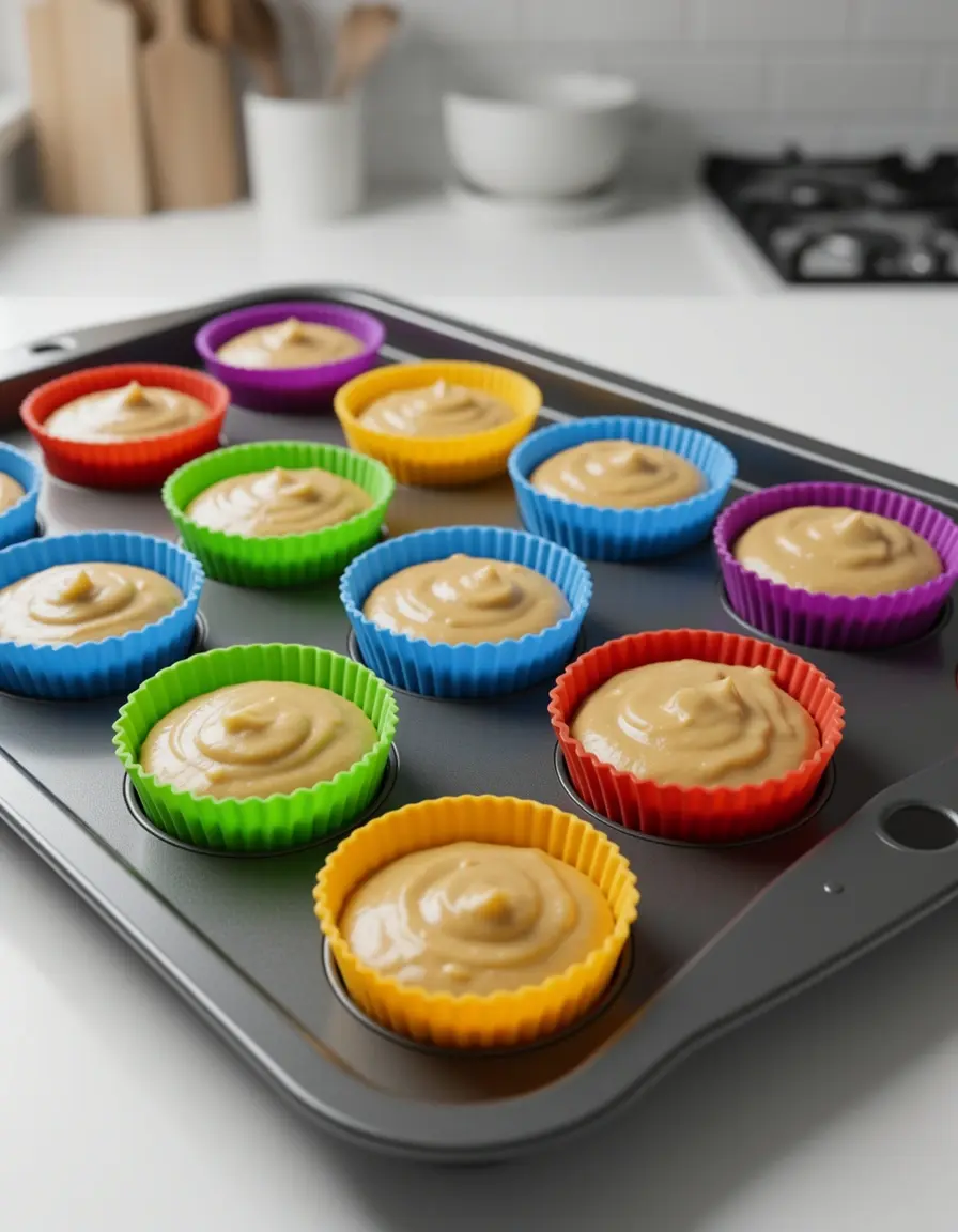 Regenbogenfarbene Silikon-Muffinformen mit Teig gefüllt auf einem Backblech