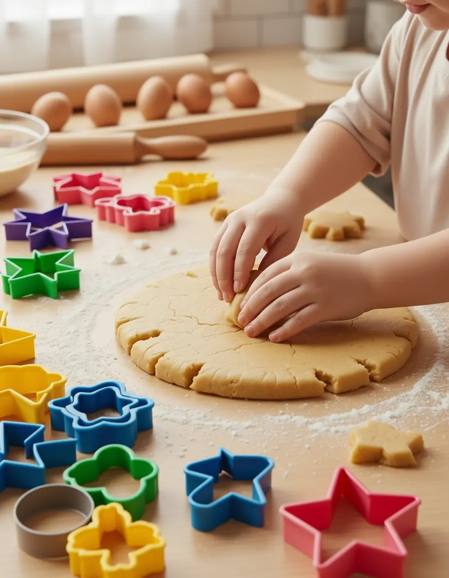 Ausstechformen aus Kunststoff in lustigen Formen schneiden Keksteig mit Kinderhänden