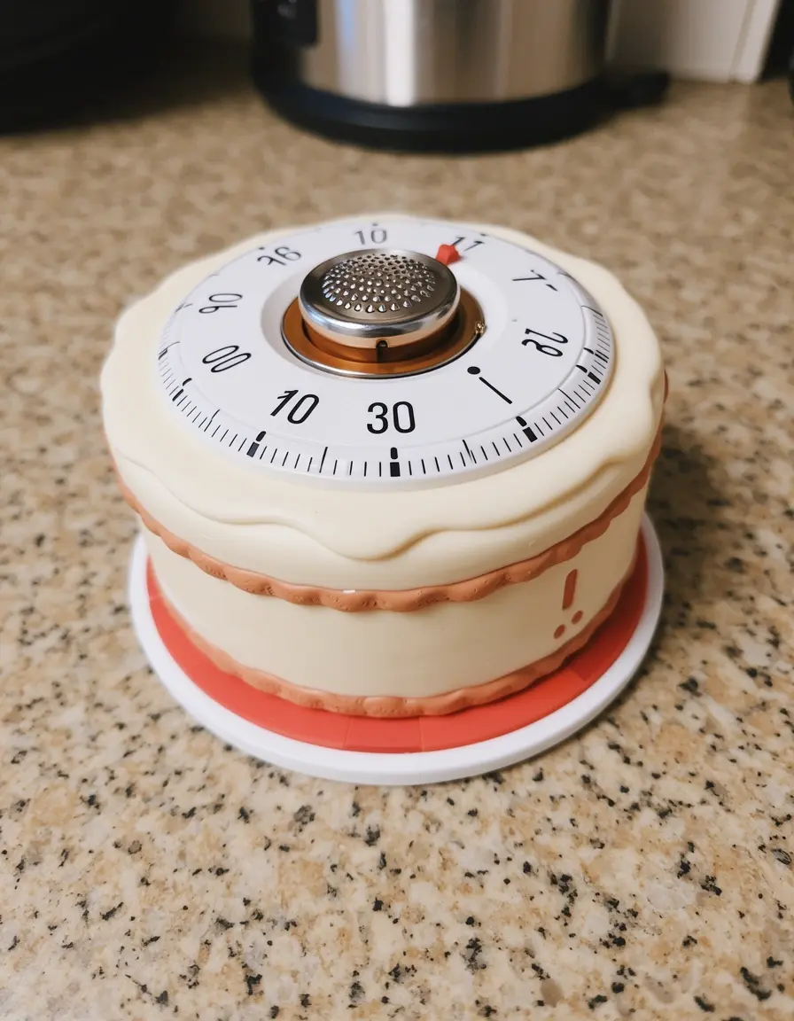 Küchentimer in Kuchenform auf einer Arbeitsplatte