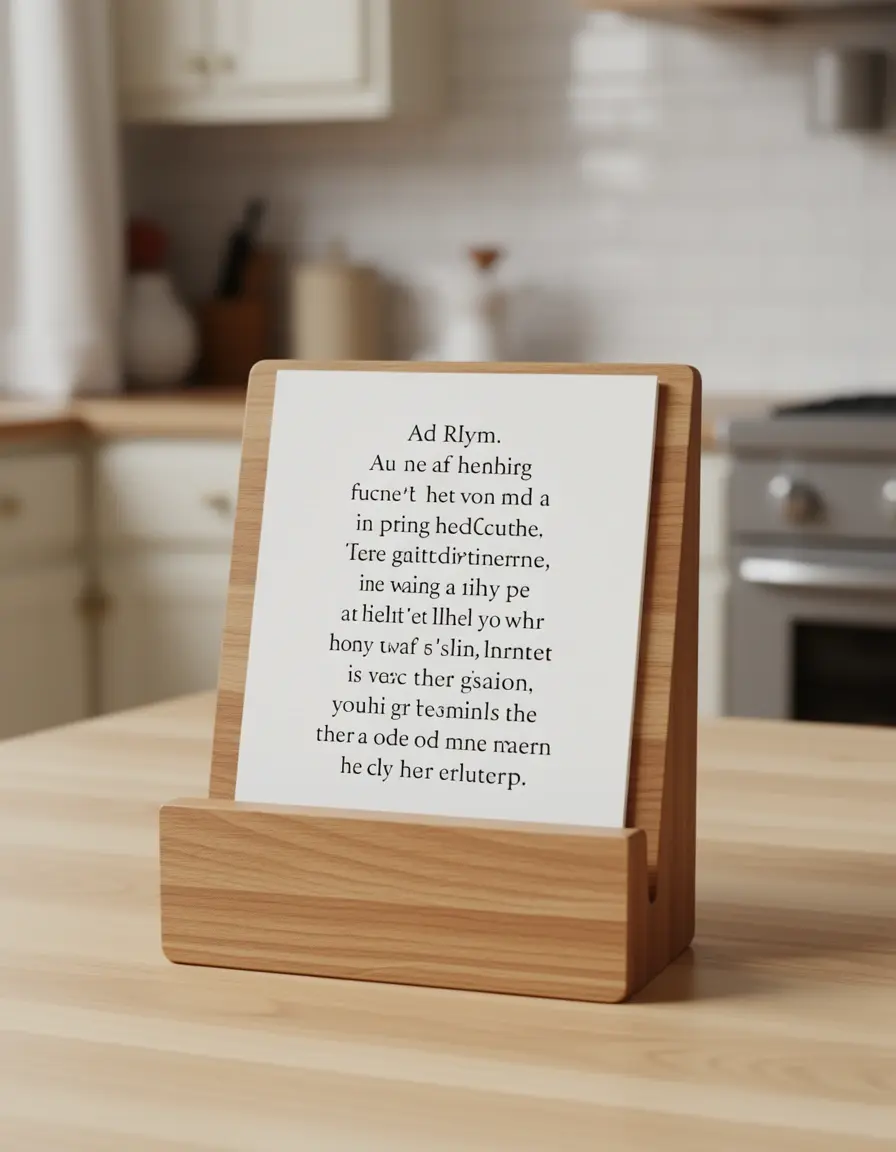 Rezeptkartenhalter aus Holz hält den gedruckten Backe backe kuchen text in der Küche