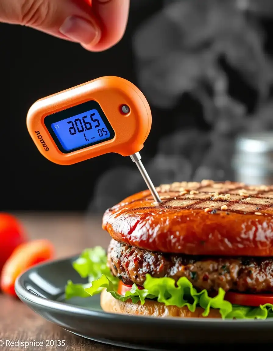 Digitales Fleischthermometer misst die Kerntemperatur eines Burgers