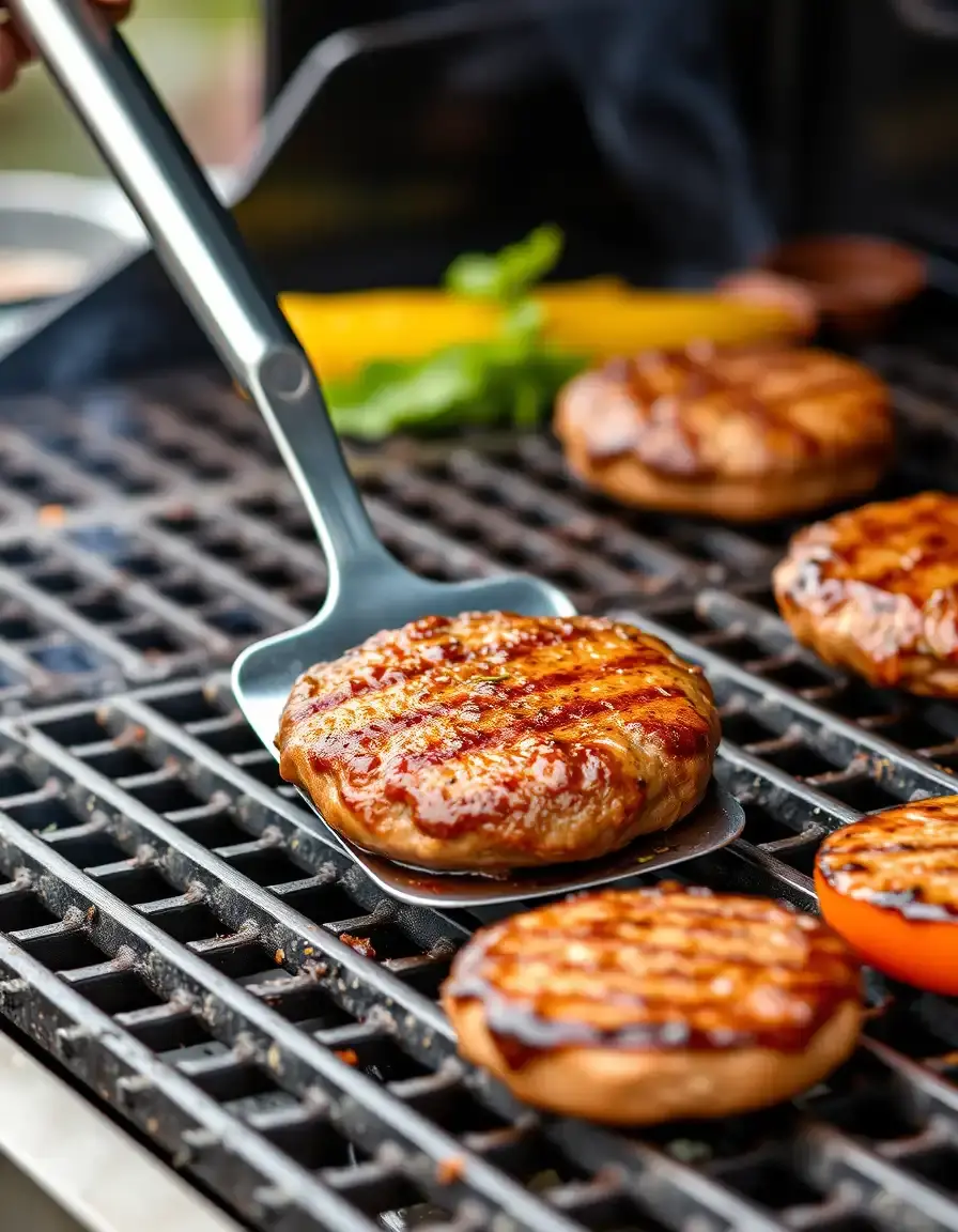 Langer Edelstahl Grillspachtel wendet einen Burger auf dem Grill