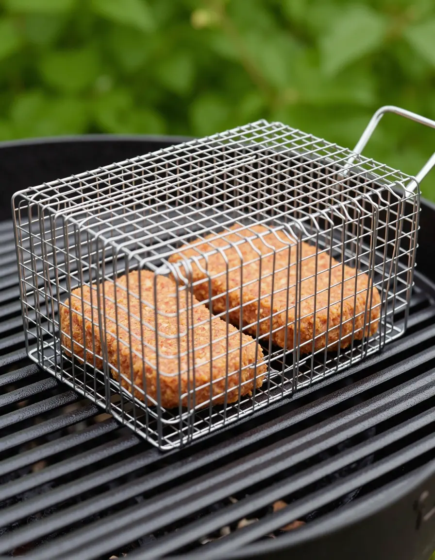 Grillkorb hält mehrere Burger-Patties sicher über der Flamme