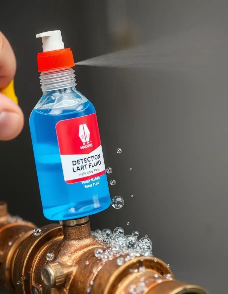Lecksuchspray Flasche sprüht Blasen auf ein Ventil zur Dichtheitsprüfung