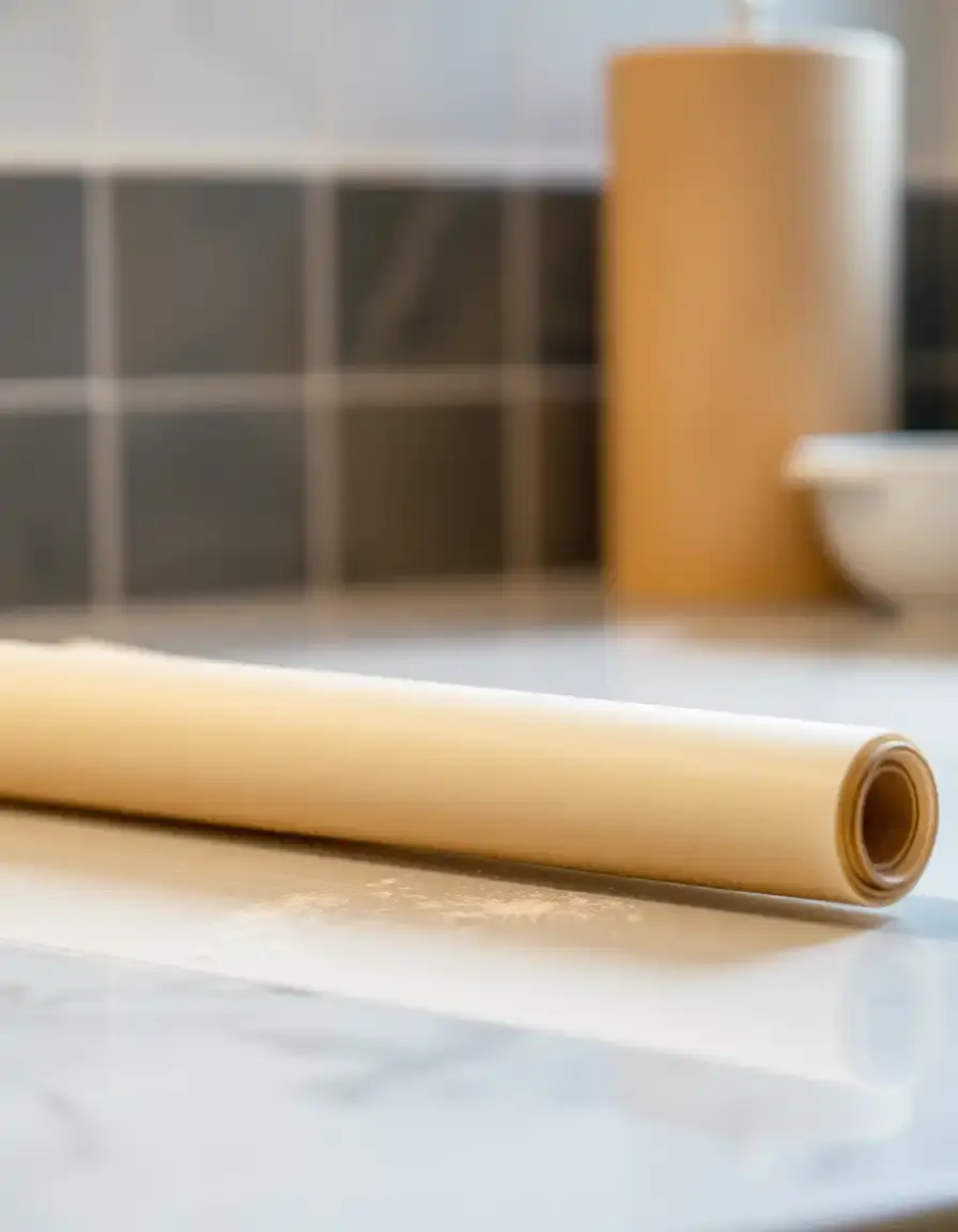 Rolle Backpapier auf einer Küchenarbeitsplatte