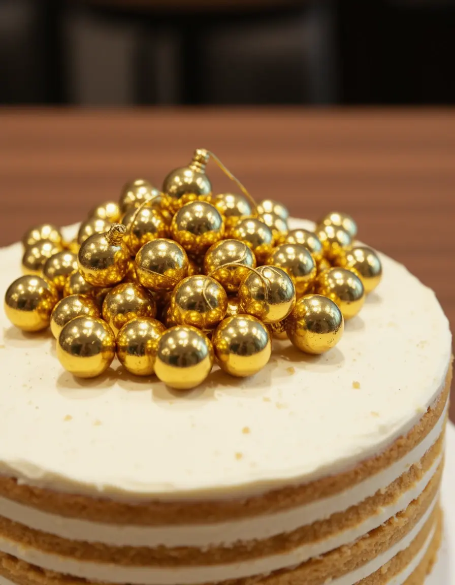 Goldene essbare Kugeln für einen Schnatz auf der Torte