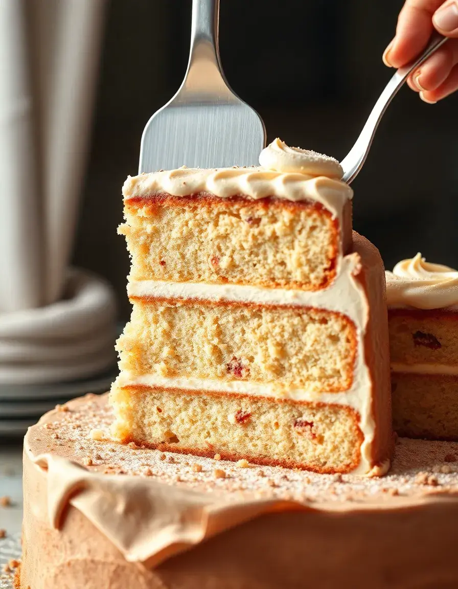 Übergroßer Kuchenheber aus Edelstahl hebt ein massives Kuchenstück