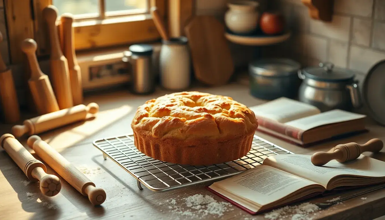 Frisch gebackener Apfelkuchen auf einem Küchentisch mit traditionellen Backwerkzeugen wie Kuchentratsch - Kuchen von Oma