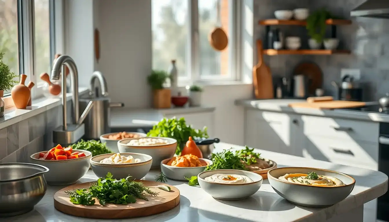 Levante Küche Essentials: Frischer Hummus, Kräuter und moderne Küchengeräte auf einer hellen Arbeitsplatte