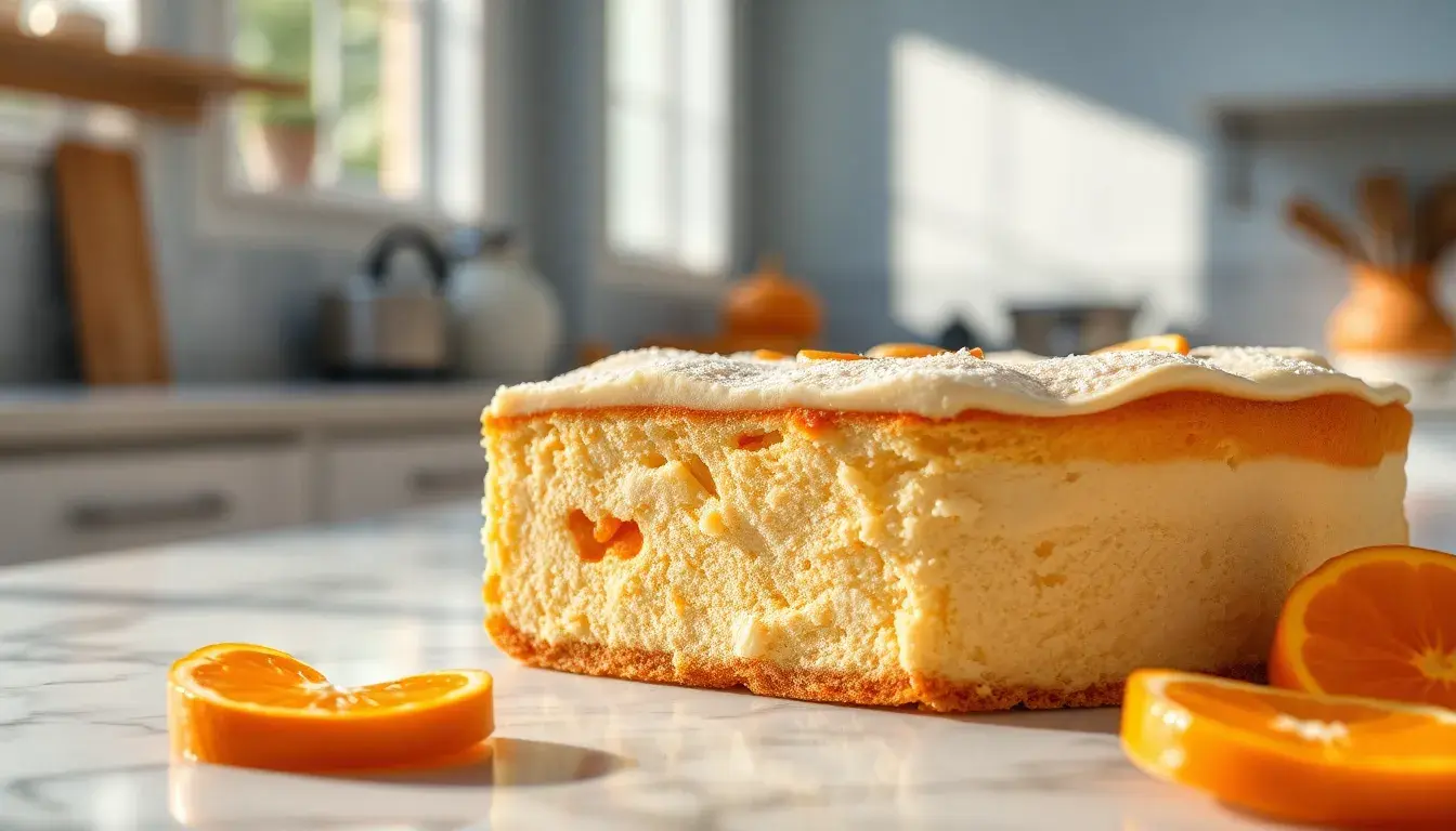 Perfekter Mandarin Schmand Kuchen mit glänzender Glasur auf einer Marmorplatte