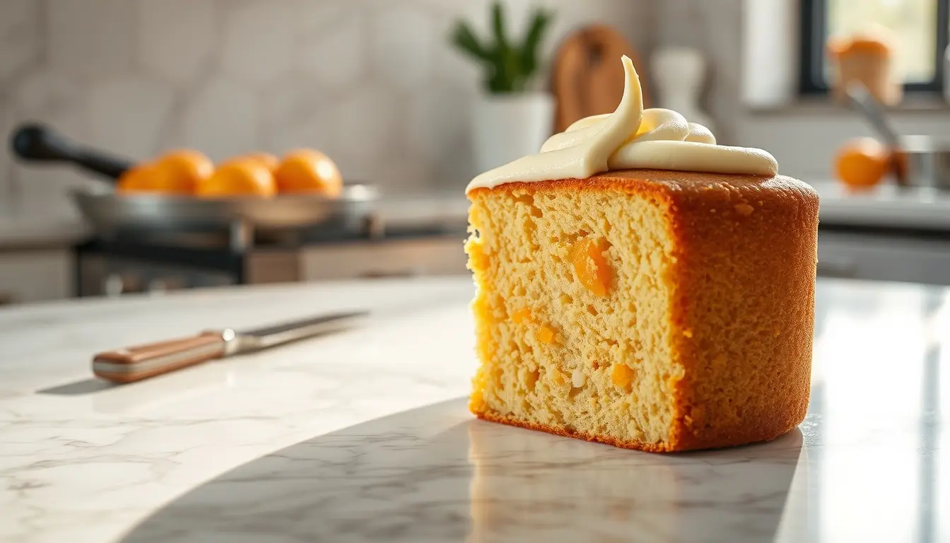 Saftiger Mandarinen Kuchen mit cremiger Haube auf einer Marmorplatte in einer hellen Küche