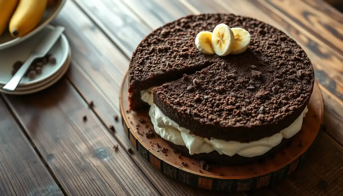 Saftiger Maulwurfkuchen mit Schokostreuseln und Bananenfüllung auf einem Holztisch
