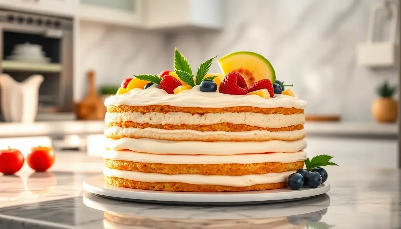 Schichtkuchen mit Paradiescreme und frischen Früchten auf einer Arbeitsplatte