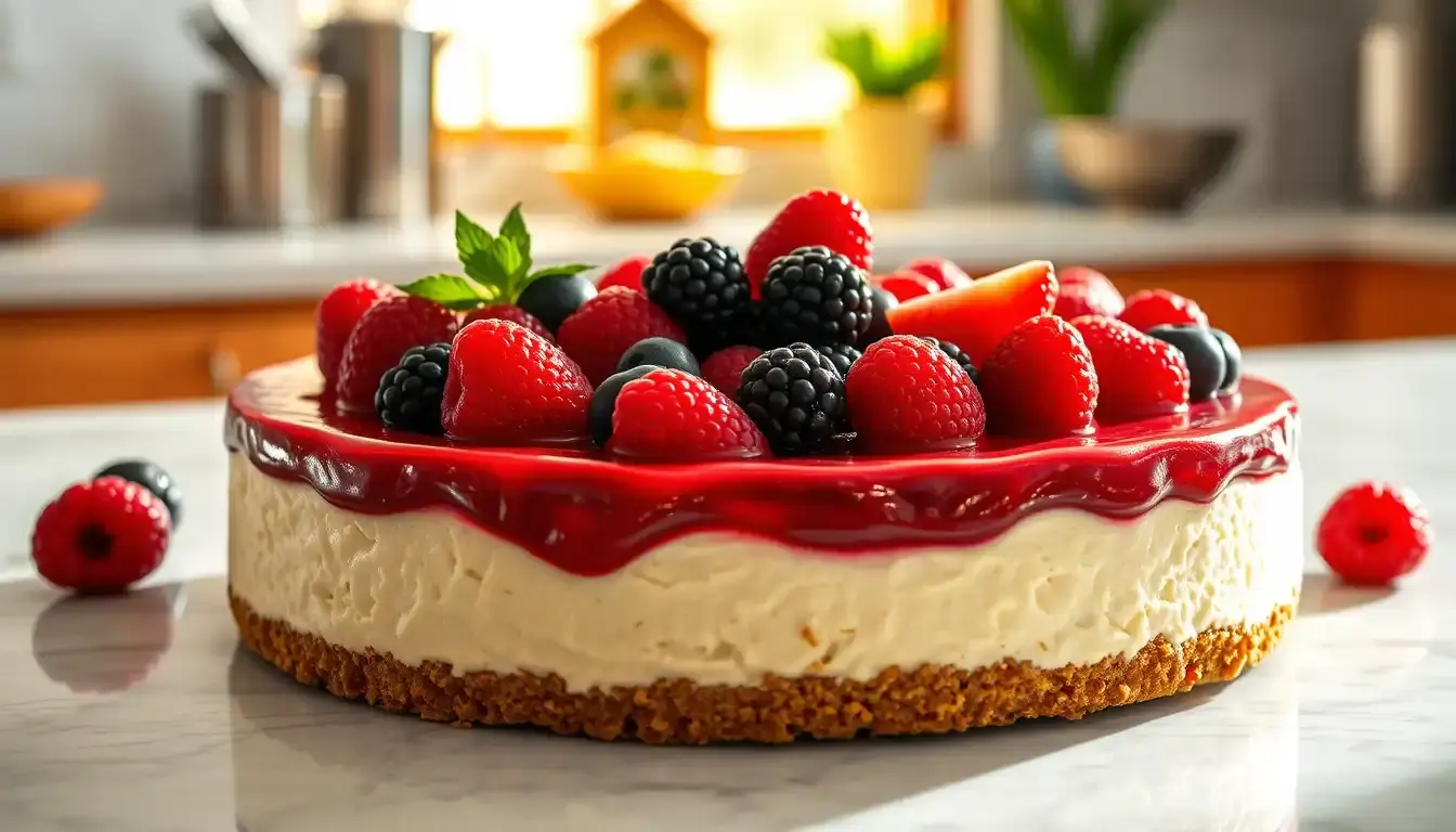 Cremiger Philadelphia Kuchen mit Beeren-Topping auf einer hellen Marmor-Arbeitsplatte.