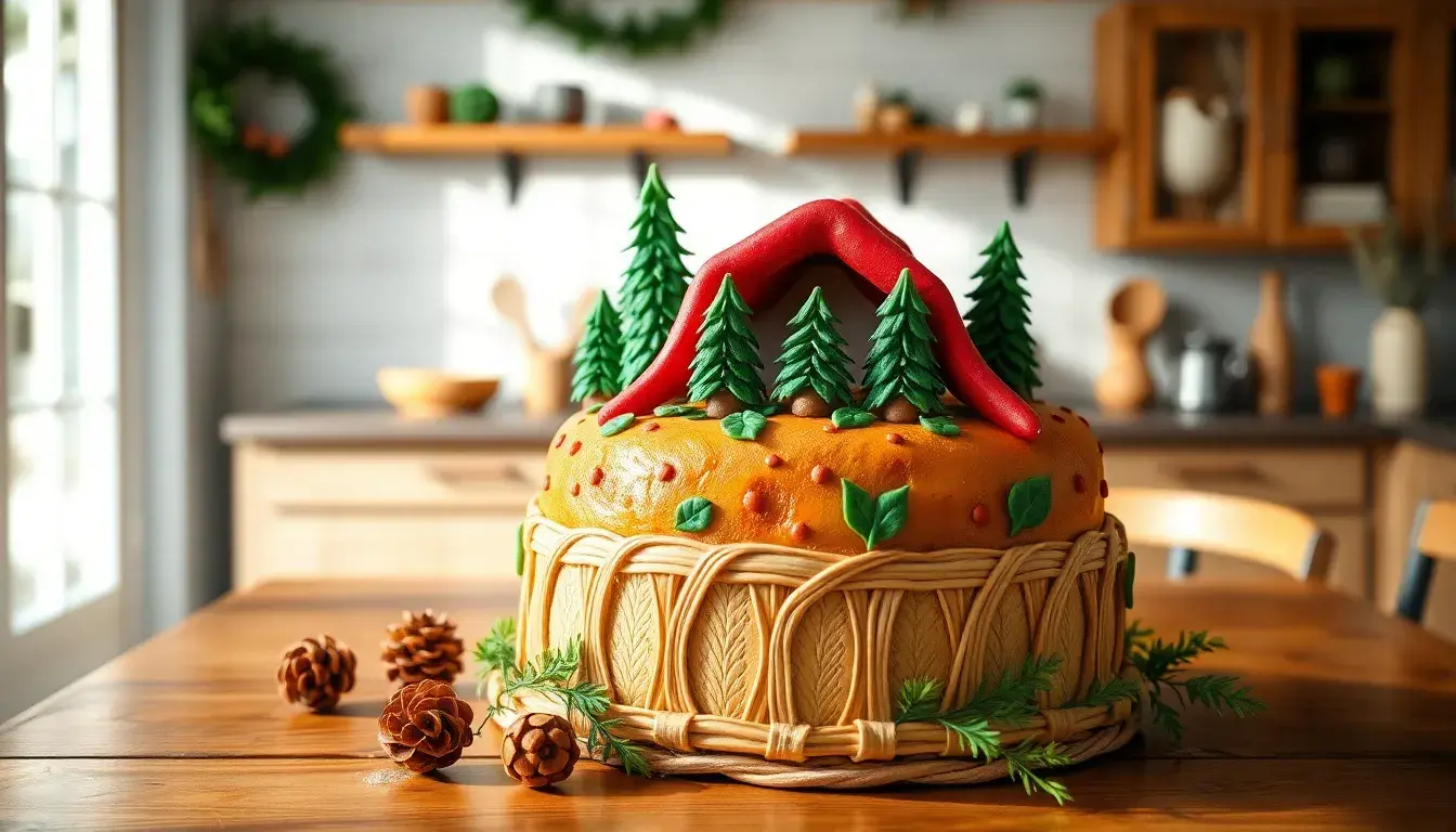 Rotkäppchen Kuchen mit rotem Fondant und Wald-Dekoration auf rustikalem Tisch