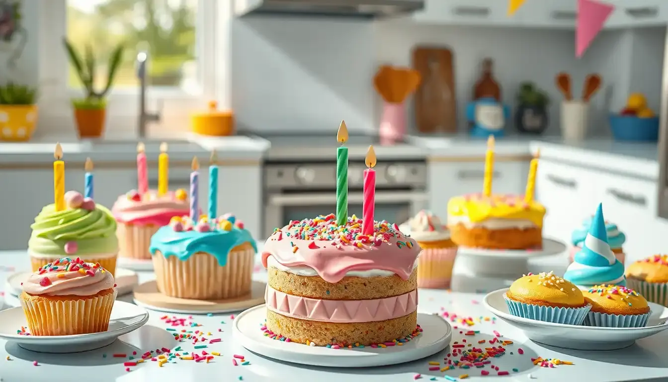 Bunte Auswahl an schnellen Kuchen für Kindergeburtstag auf einem festlich dekorierten Tisch