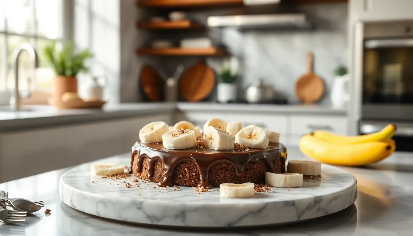 Eleganter Schoko-Bananen-Kuchen auf Marmorplatte mit Backutensilien und reifen Bananen
