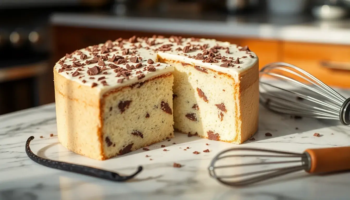 Saftiger Stracciatella Kuchen mit Schokoladenstücken auf einer Marmorplatte in einer hellen Küche.