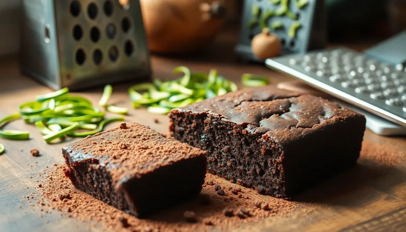 Saftiger Zucchini Schoko Kuchen auf Holztisch mit Kakaopulver und Küchenwerkzeugen